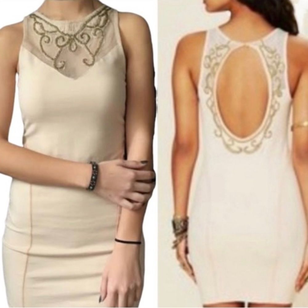 Free people off white cream ivory bodycon mini dress with beaded detail